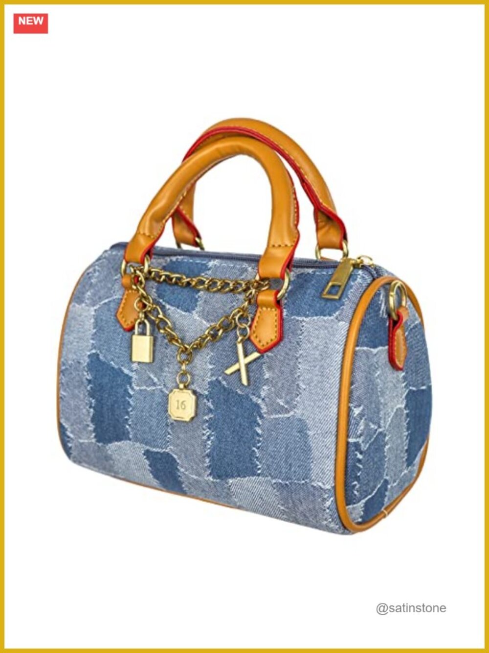 Mini Denim Crossbody Satchel PU Leather Top Handle Quilted Checkered
